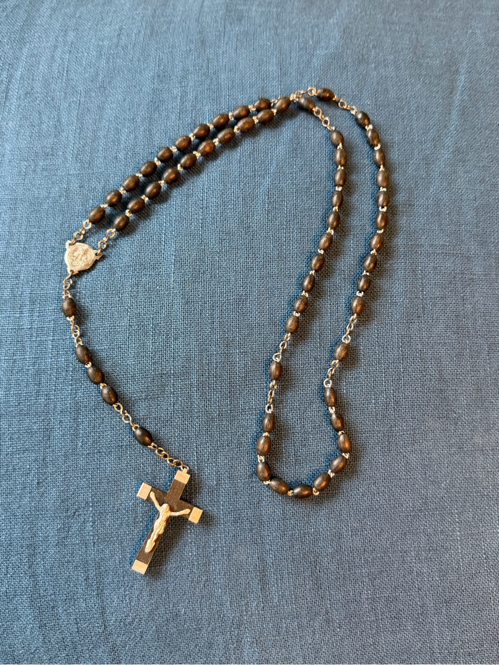 VTG Gold-Tone Crucifix Rosary Necklace with WoodenBrown Beads, France